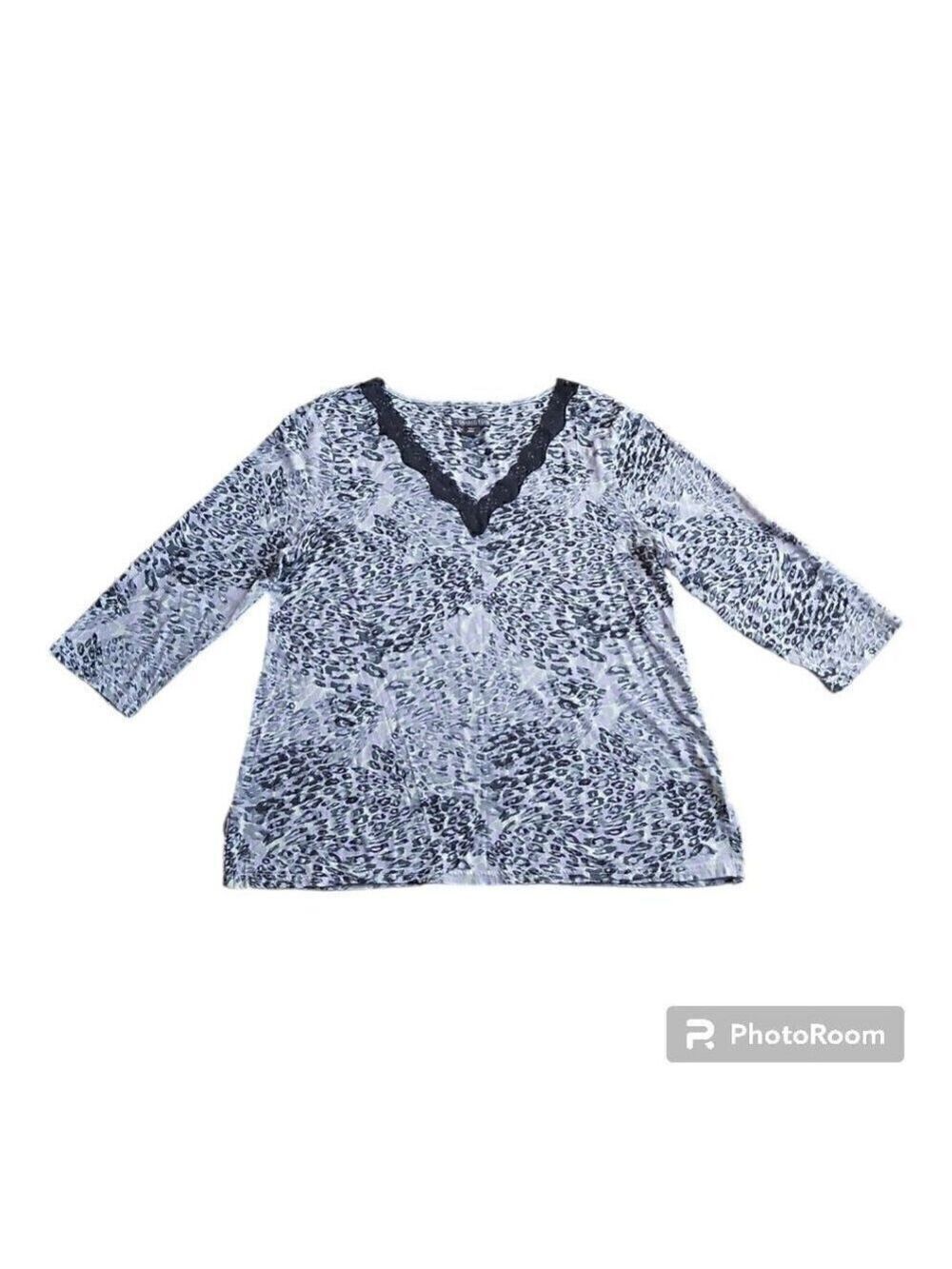 Covington Animal Print Lace V-Neck Shirt - 3/4 Sleeve Cotton Blend - Size Large